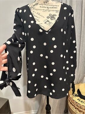 Black Polka Dot V-Neck Blouse with Tie Sleeves